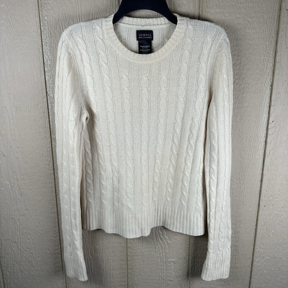 Vintage George 100% Cashmere Cable Knit Sweater Women's Sz Medium Ivory Crewneck